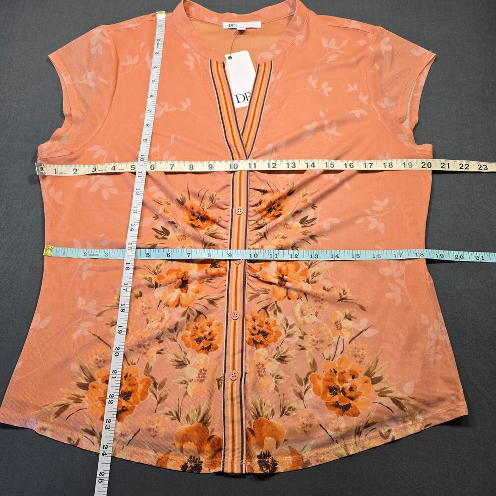 DR2 Orange Floral Shirt NEW Buttons Short Cap Sleeves Stretch Womens Size XL Top - Picture 4 of 7